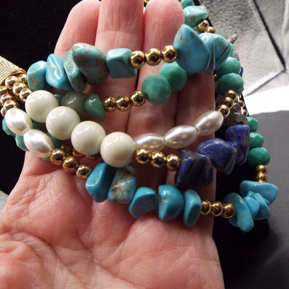 NATURAL TURQUOISE, JADE, LAPIS, CRYSTAL STONES CHUNKS 5 STRD. GOLDEN NECKLACE 68 - Picture 2 of 4